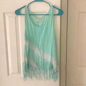Lightweight seafoam and white tank top with fringe on the bottom